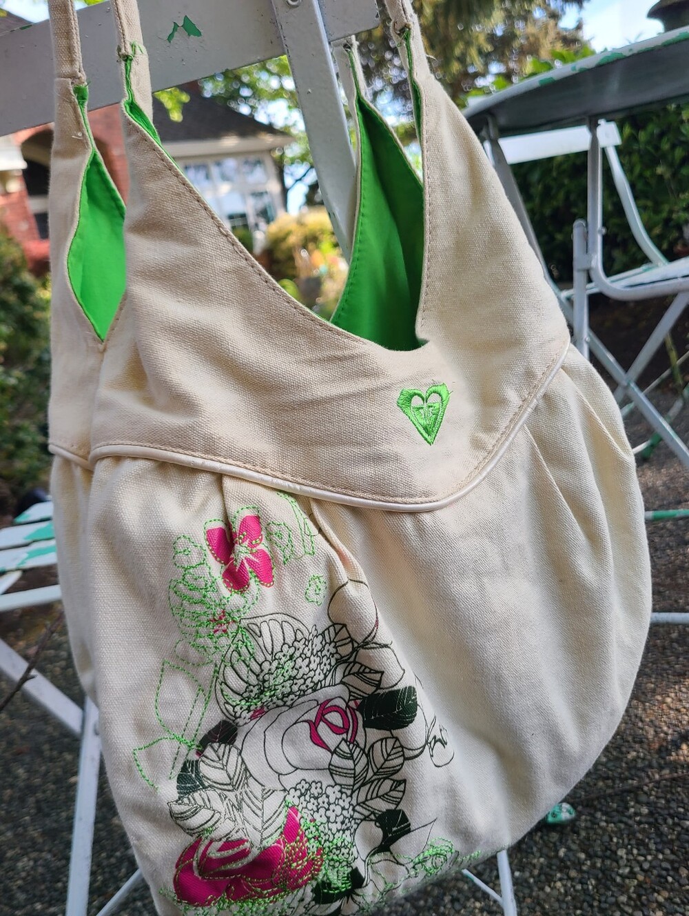 Vintage Roxy Purse Tote Bag Y2K Green Pink Embroidery saddlebag purse Floral Pri - Picture 2 of 7